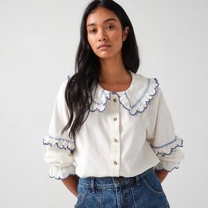 White Ruffled Collar Button-Front Blouse with Blue Trim